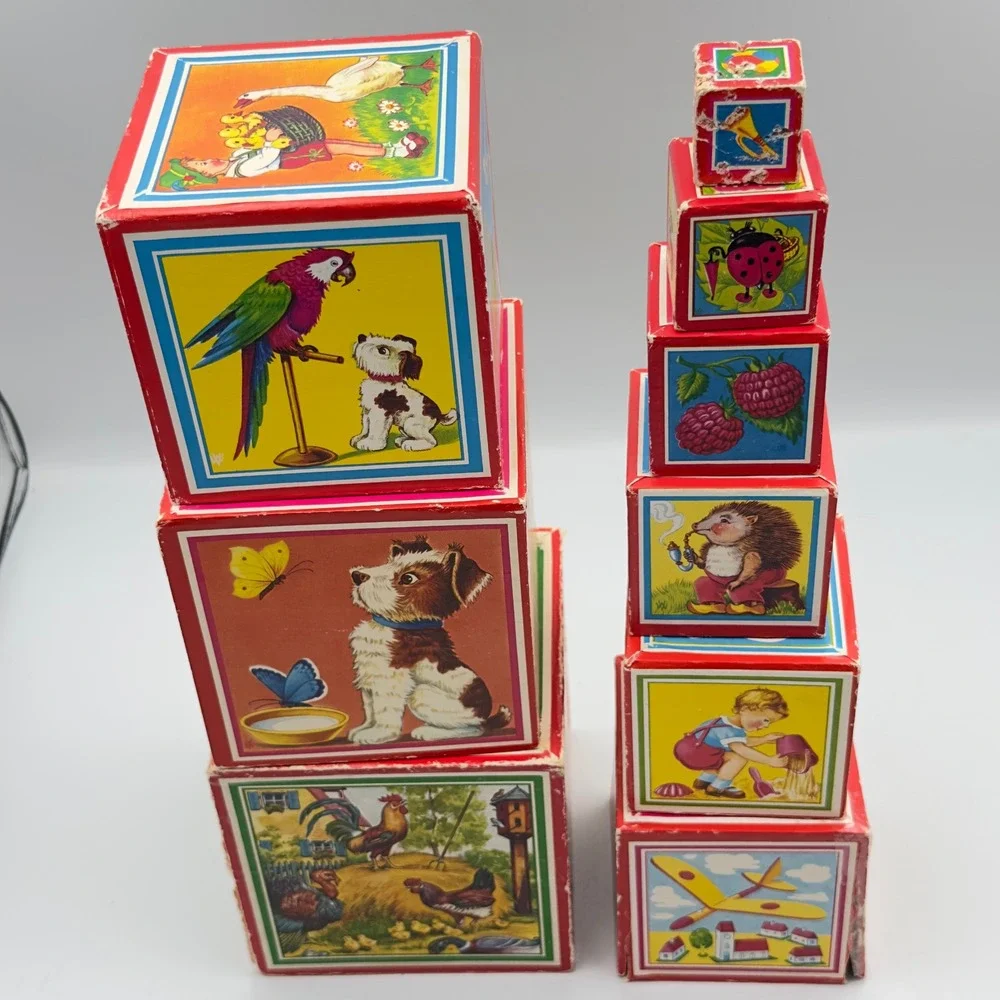 Vintage Mid Century Nesting Stacking Blocks Cardboard Animal Illustrations 9pc‎